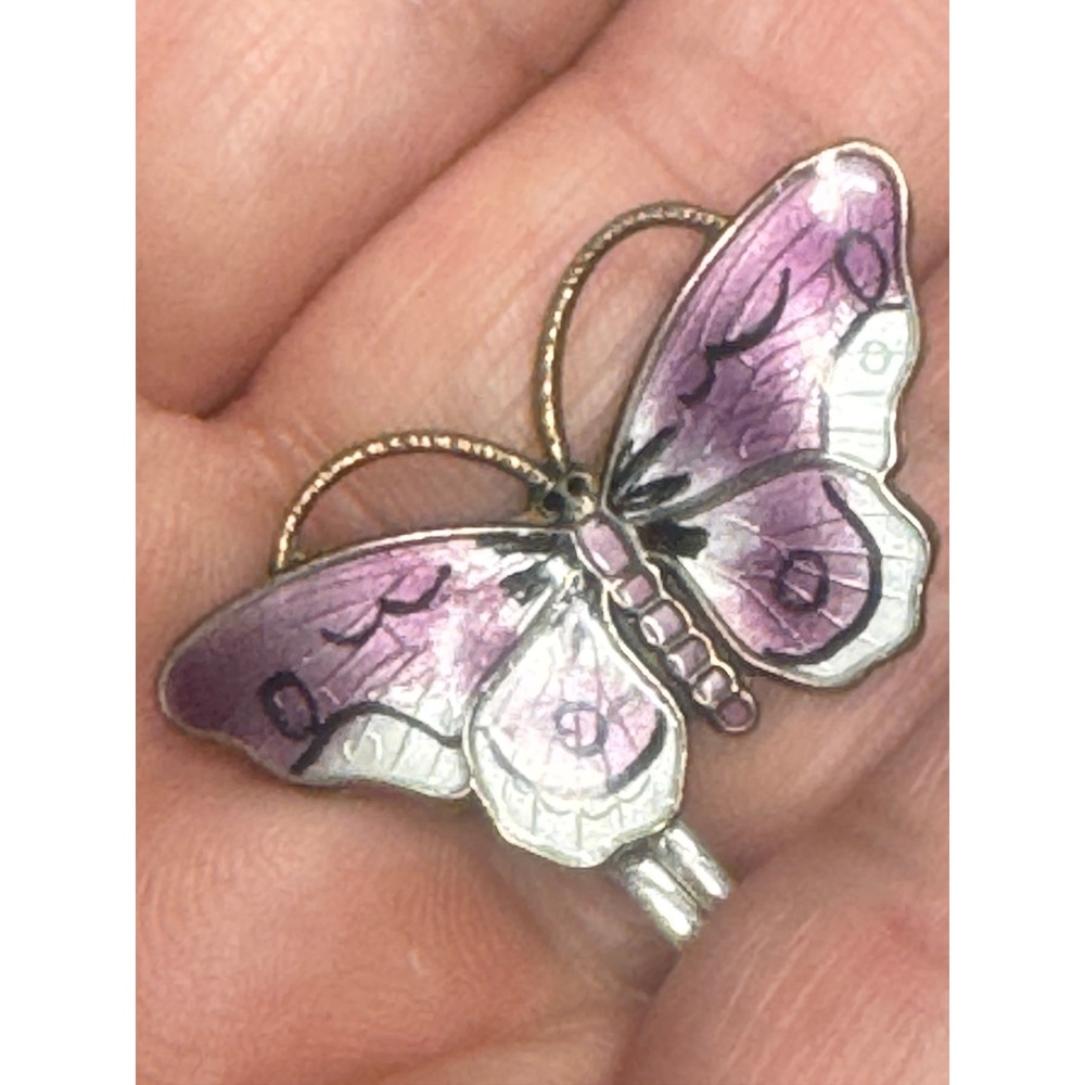 Opro Norway Sterling Silver Guilloche Enamel Butterfly Brooch Purple Vermeil